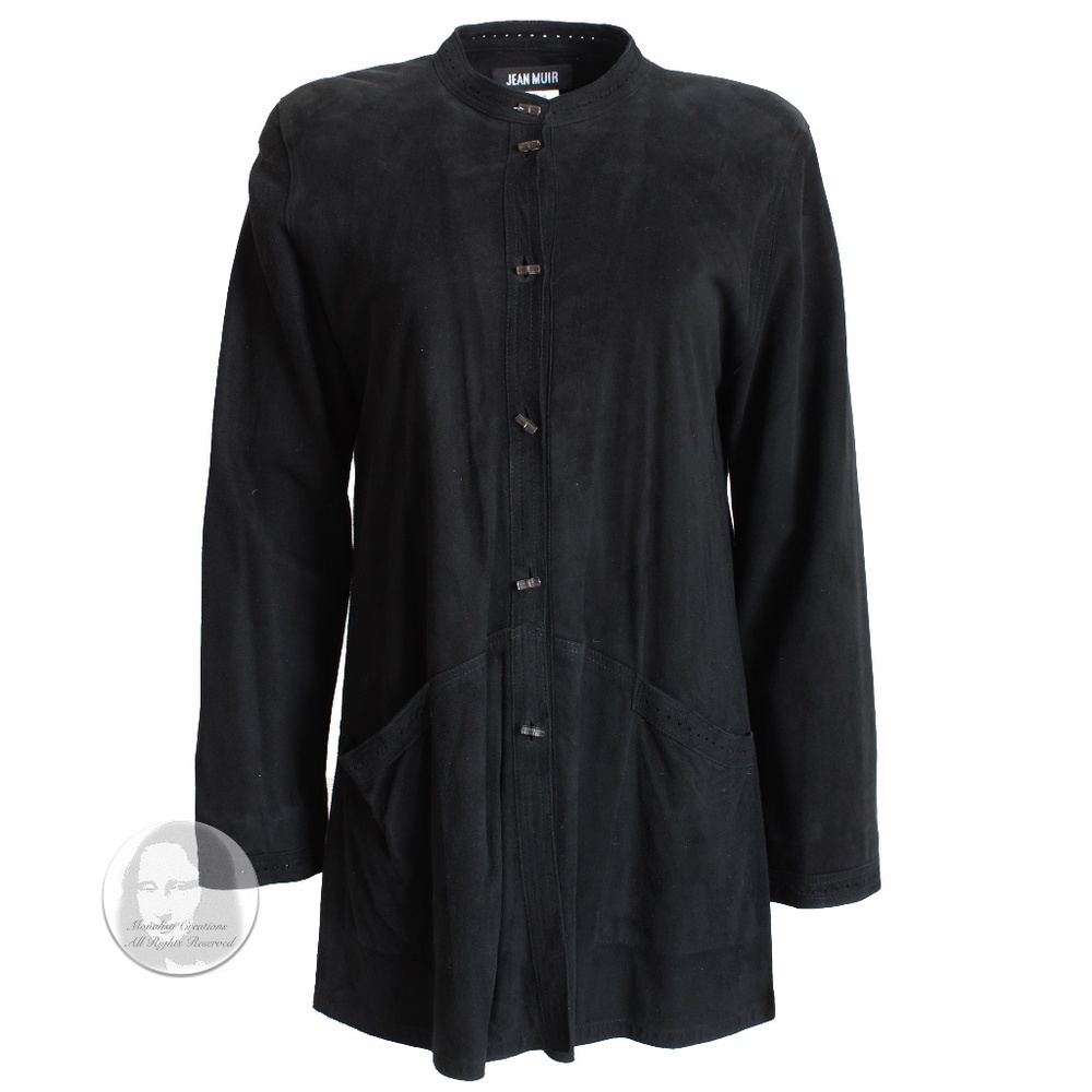 Jean Muir Black Suede Jacket with Perforated Trim and Lucite Buttons Vintage Sz8